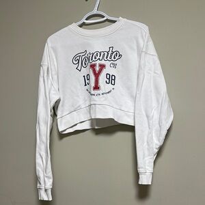 Bershka White and Red Graphic Cropped Sweatshirt